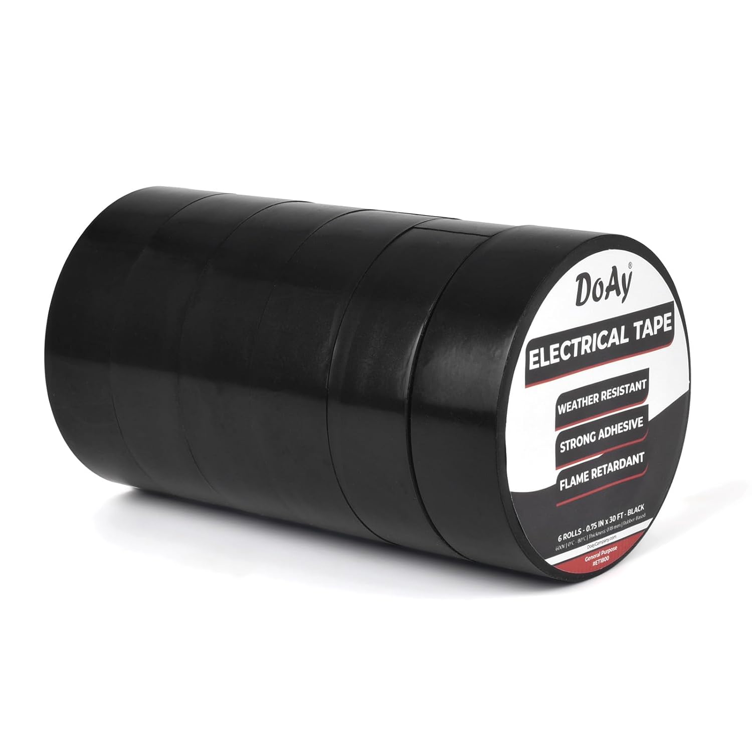 6 Pack Black Electrical Tape - Waterproof PVC Tape 0.75 Inch Wide - Weather Resistant, Strong Adhesive, Flame Retardant - High Temp Vinyl Tape for Indoor & Outdoor Use - 180 Feet Total